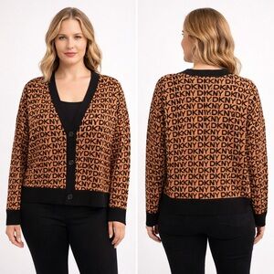 DKNY Jeans NWT Monogram Knit Cardigan Button Front Sweater Womens Size Large